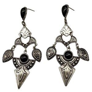 Faux Black Onyx Textured Dangle Drop Pierced Earrings Silver Tone Bohemian